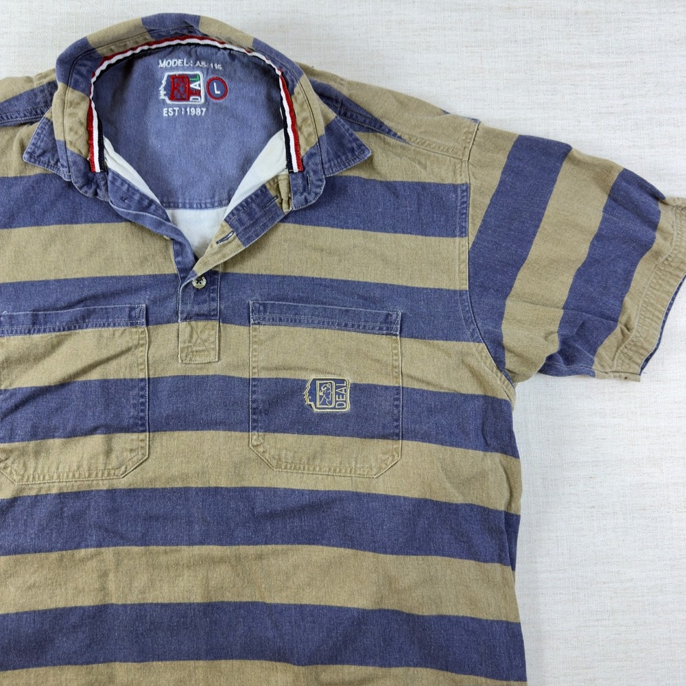 Vintage Deal Est 1987 Mens Large Striped Short Sleeve Polo Shirt Blue Tan AS 116